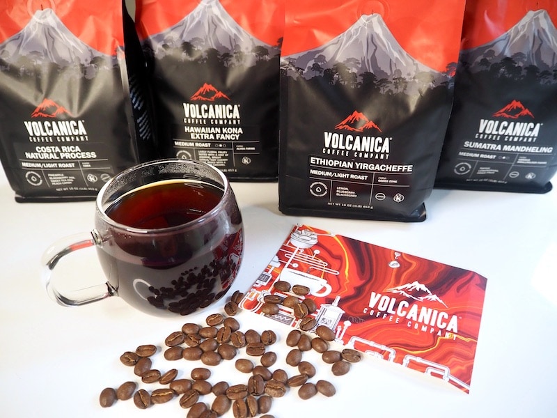 Volcanica coffee bags beans and brewed